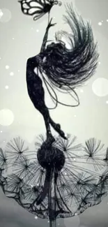 Whimsical fairy silhouette on a dandelion in grayscale tones.