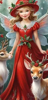 Fairy wearing red dress with reindeer in Christmas forest.