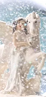 Fairy and unicorn inside a snow globe with a light blue background.