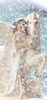 Fairy standing with unicorn in magical snow globe.