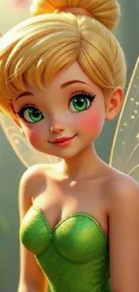 Anime fairy with green dress and wings.