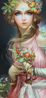 Mystical fairy with floral accents in pastel hues for mobile wallpaper.