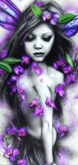 Mystical fairy with purple flowers and wings on artistic wallpaper.