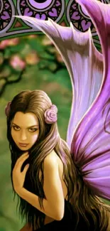 Mystical fairy with violet wings in a forest-themed art wallpaper.