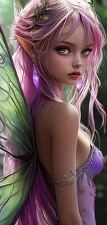 A mystical fairy with pink hair and ethereal wings in a fantasy setting.