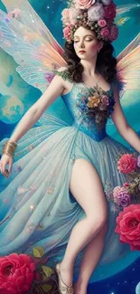 Enchanting fairy with floral dress and wings in magical blue background.