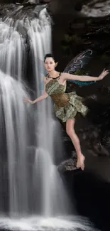 Fairy poised by a misty waterfall in a fantasy landscape.