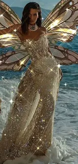 Enchanting fairy with wings by the ocean shore.