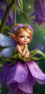 Cute fairy sitting on a purple flower.