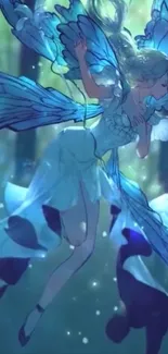 Fairy with blue wings in a mystical forest scene.