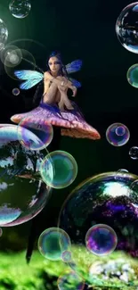 Fairy on a mushroom surrounded by bubbles in a mystical forest.