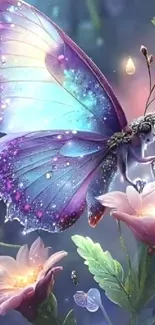 Enchanting fairy butterfly on flowers, vibrant colors, fantasy mobile wallpaper.