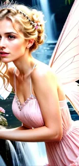 Fairy with pink wings by a waterfall, surrounded by flowers.