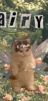 Fairy cat with wings in a floral garden background.