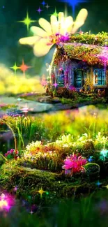 Enchanting fairy cottage with colorful flowers in a lush green garden.