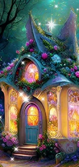 Whimsical fairy cottage with flowers and glowing windows in a magical forest.