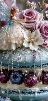 A fairy sitting on a decorated dessert with roses and sparkling details.