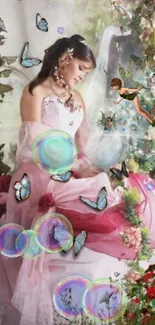 Whimsical fairy with butterflies and bubbles in an enchanting pink dress.