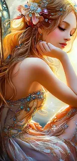 A magical fairy with butterfly wings in a golden-hued fantasy setting.