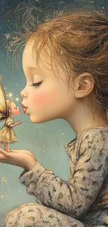 A child kisses a tiny fairy in a magical, starry scene.