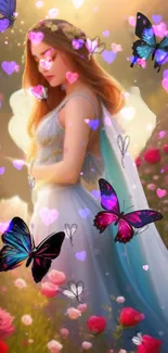 Fairy in a flower garden surrounded by colorful butterflies and pink hearts.