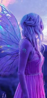 Ethereal fairy with colorful wings in a dreamy purple moonlit landscape.