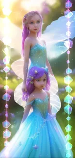 Fairies in luminous dresses with iridescent wings in a magical setting.