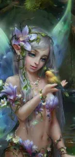 Enchanting fairy with colorful wings holding a bird in a mystical forest setting.