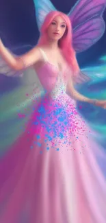 Mystical fairy with pink hair and vibrant wings in enchanting fantasy art.