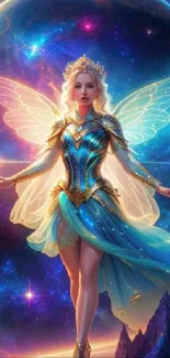 Enchanting fairy with wings in a cosmic fantasy setting.