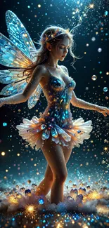 Fantasy fairy with sparkling wings in magical setting.