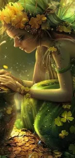 Magical fairy in green dress with glowing effects.