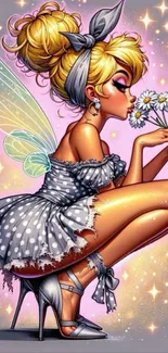 A whimsical fairy with wings holding daisies in a vibrant artwork.