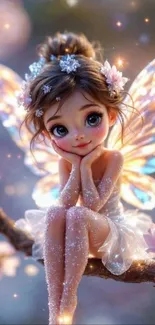Enchanting fairy sitting on a branch with sparkling wings and flowers.