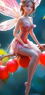 Fantasy wallpaper with fairy in nature setting with vibrant colors.