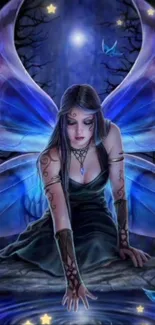 A mystical fairy in a moonlit forest with vibrant blue wings.