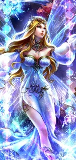 Enchanting fairy in a mystical blue realm, vibrant fantasy art.