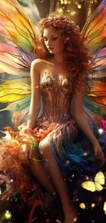 Enchanting fairy with vibrant wings in a magical forest, surrounded by glowing butterflies.