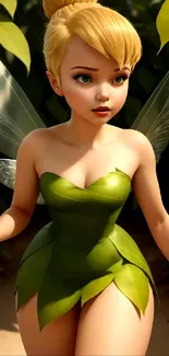 Tinker Bell fairy in green leaf dress with magical wings.