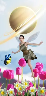 Fairy flying over pink tulips and daffodils with a planet in the background.