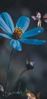 A whimsical fairy perched on a blue flower.