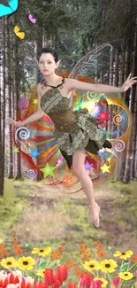 Fairy in a colorful forest with vibrant mystical elements.