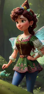 Whimsical fairy in a green forest fantasy setting with magical wings.