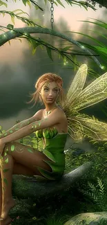 An enchanting fairy with glowing wings sits in a lush green forest.