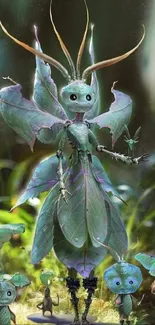 Whimsical fairy creatures in a green forest setting.