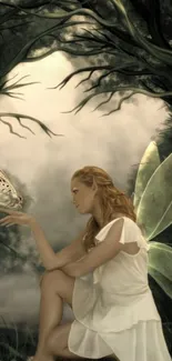 Fantasy wallpaper featuring a fairy in a forest holding a butterfly.