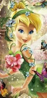 Enchanting fairy surrounded by butterflies and flowers in a lush forest setting.