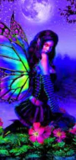 Enchanting fairy with colorful wings in moonlit forest scenery.