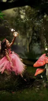 Fairy in pink dress sitting on a mushroom in a mystical forest.