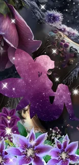 Enchanting purple galaxy fairy with flowers and stars wallpaper.